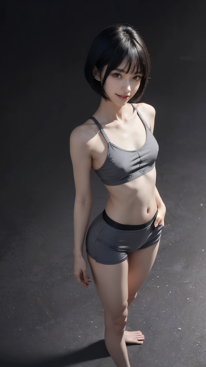 ((Standing posture:1.8, Composition above the knees:1.8)), (Clothing:2.0, Grey sports bra:2.0, Black boxer shorts:1.8), (Wet:1.5), ((A grin:1.2, Bobcut:1.2, slender:1.5, Small Ass:1.5, Erect nipples:1.8)), ((Japanese, 1 Girl, 18-year-old, 7 heads, Ideal body proportions, Black Hair, With bangs, Small breasts, Erect nipples, slender, Small Ass, Beautiful feet, Skinny Legs)), Surrealism, Cinematic Lighting, Depth of written boundary, First Person View,  F/1.8, 135mm, Ticker, Mastepiece, Curate, ((Anatomically correct:1.3)), Textured skin, Super Detail, High detail, High quality, Awards, Best Quality, High resolution, 8K