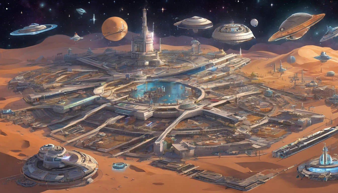 The space station is massively bigger than Babylon 5, but in the shape of Deep Space 9. The space station has 6 O'Neal Class space stations off in 5 different equilateral directions, & 1 down the middle. It's 10 times bigger than Saturn, and generates it's own power. There are hundreds of starships going to & fro, from the station, at any hour of the day. The station is in the center of the foreground. There are many stars, a nebula, and a comet, in the background. (((Use the following styles:conceptual art, protovision,3d render, architecture, portrait photography, cinematic, diamond, alienWalter Matt Jeffries, Issac Asimov, Stanley Kubrick, and Larry Niven))).
