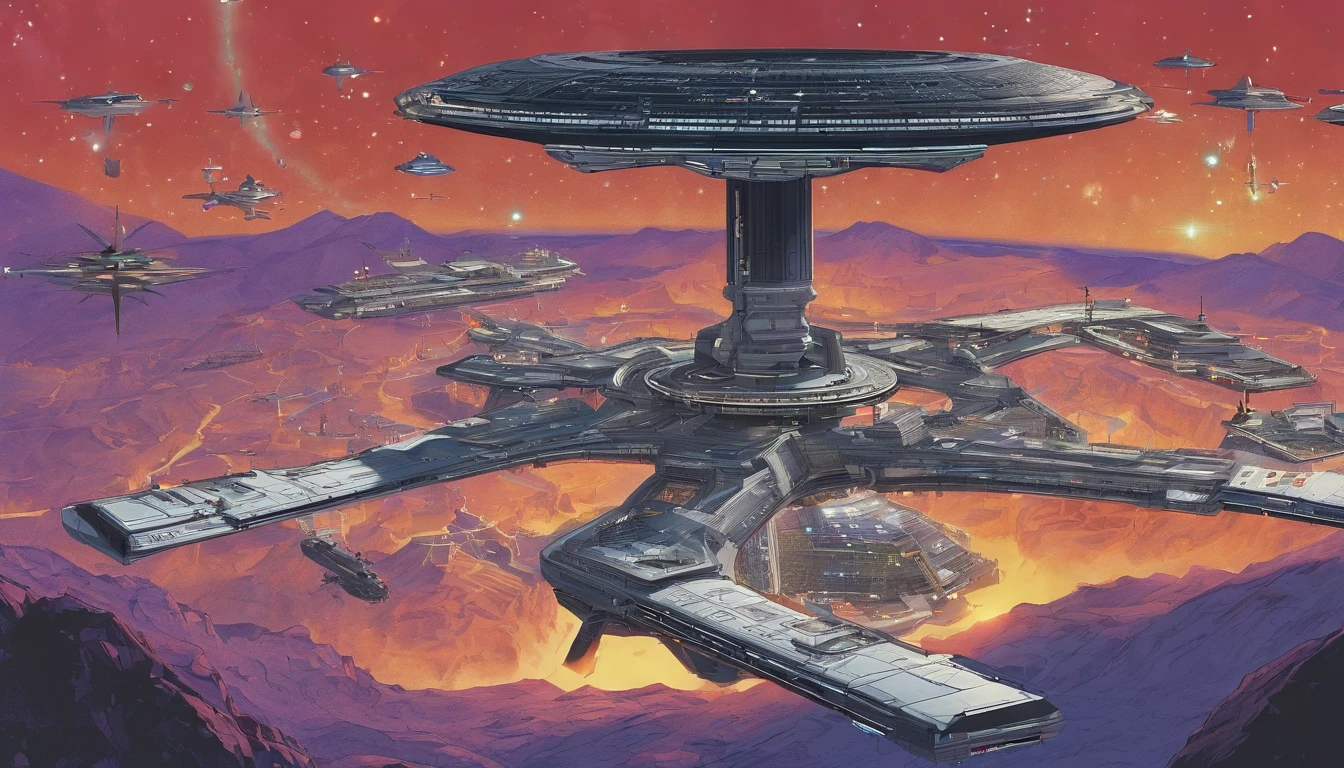 The space station is massively bigger than Babylon 5, but in the shape of Deep Space 9. The space station has 6 O'Neal Class space stations off in 5 different equilateral directions, & 1 down the middle. It's 10 times bigger than Saturn, and generates it's own power. There are hundreds of starships going to & fro, from the station, at any hour of the day. The station is in the center of the foreground. There are many stars, a nebula, and a comet, in the background. (((Use the following styles:conceptual art, protovision,3d render, architecture, portrait photography, cinematic, diamond, alienWalter Matt Jeffries, Issac Asimov, Stanley Kubrick, and Larry Niven))).