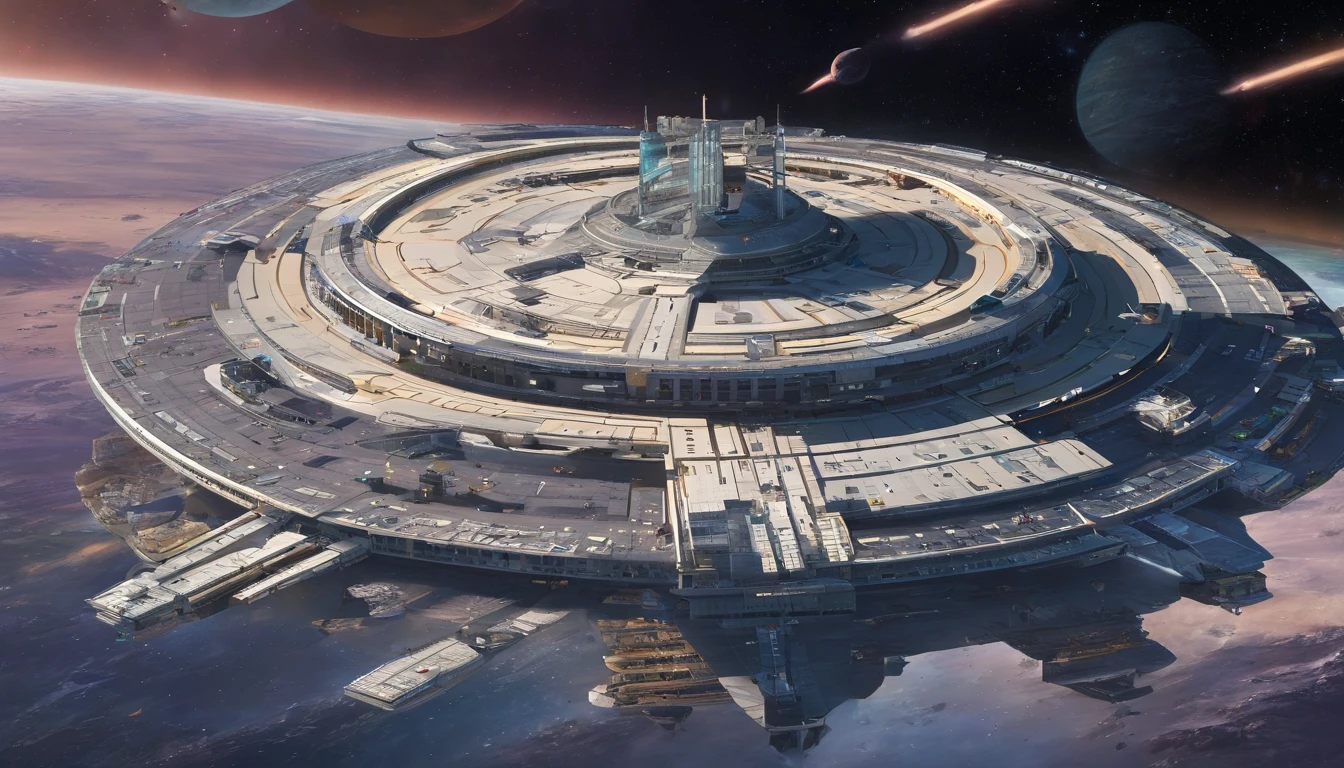 The space station is massively bigger than Babylon 5, but in the shape of Deep Space 9. The space station has 6 O'Neal Class space stations off in 5 different equilateral directions, & 1 down the middle. It's 10 times bigger than Saturn, and generates it's own power. There are hundreds of starships going to & fro, from the station, at any hour of the day. The station is in the center of the foreground. There are many stars, a nebula, and a comet, in the background. (((Use the following styles:conceptual art, protovision,3d render, architecture, portrait photography, cinematic, diamond, alienWalter Matt Jeffries, Issac Asimov, Stanley Kubrick, and Larry Niven))).