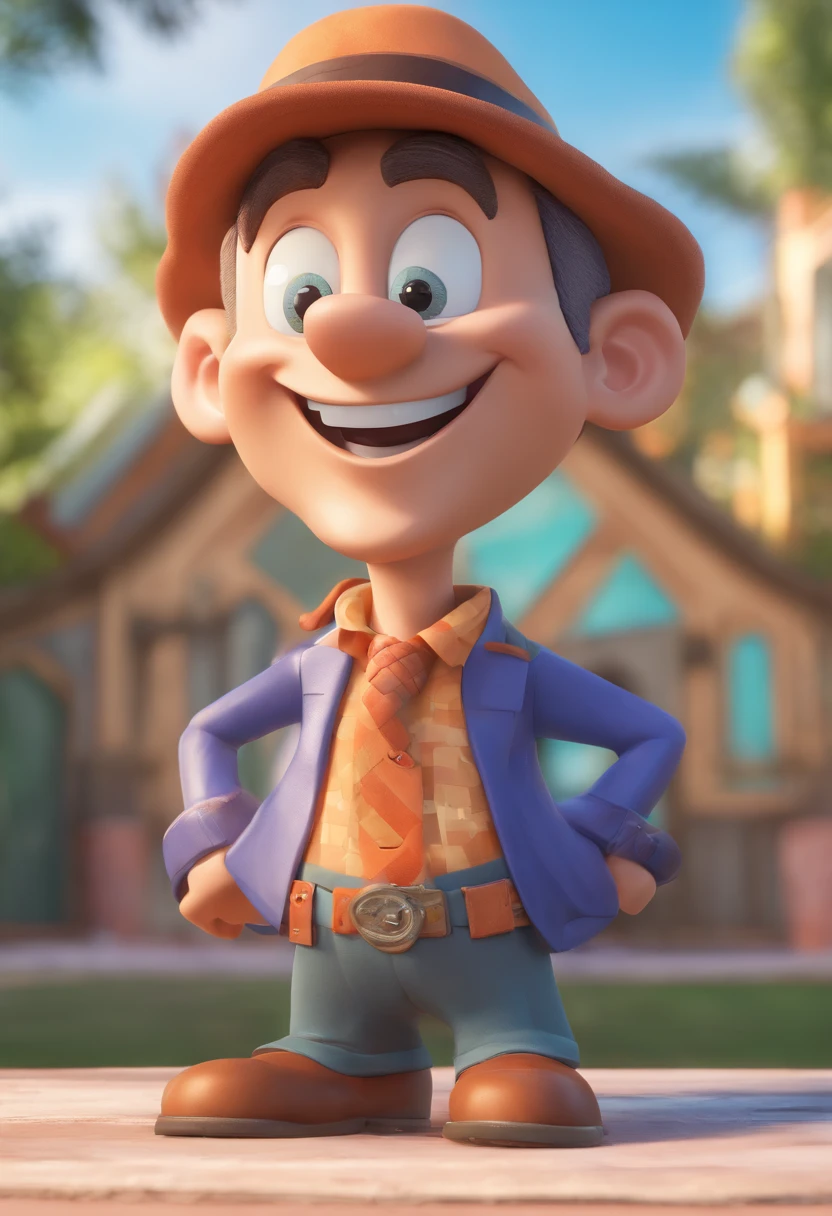 Smiling Man Illustration, sorriso insano, Homem calvo, in a gray brown fur hat with a giant smile, happily smiling at the camera, sorriso atrevido, he's smiling, sorriso muito grande, Macho sorridente, foto de perfil headshot, rindo sorriso enorme, desenhando no estilo de Arte 3D, c4d, fundo de cor branco puro, estilo disney, estilo pixar render ilustracao Super Detalhe, 8k