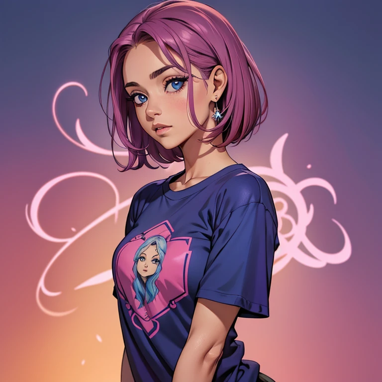 Uma mulher com cabelo de cor roxo claro, olhos de cor rosa escuro, vestindo uma camiseta rosa e um short azul claro