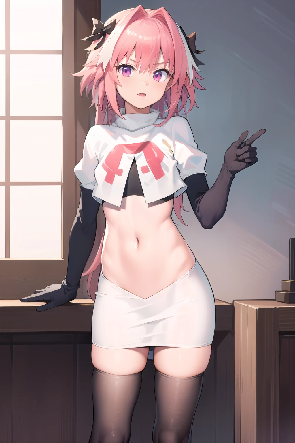 absurdres, masterpiece, best quality, astolfo fate,1boy, male focus, trap, pink multicolored hair, pink hair, white hair, hair intakes, long hair, pink detailed eyes, crossdressing,1boy, team rocket,team rocket uniform,white skirt,red letter R,crop top,black thigh-highs,black elbow gloves, cowboy shot