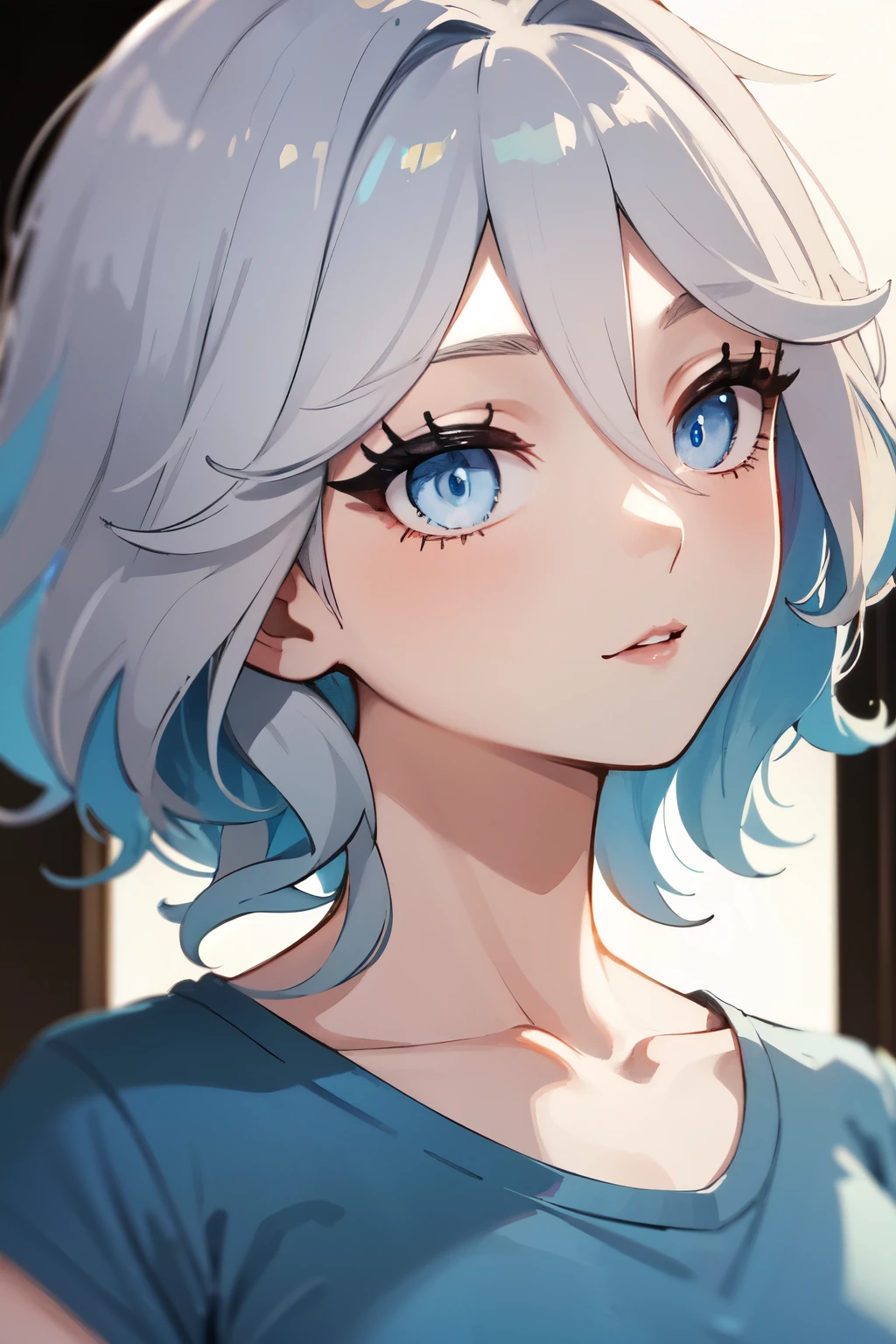 ((best quality)), ((masterpiece)), (detailed), perfect face. Asian girl. White hair. Blue eyes. T-shirt. Belly.