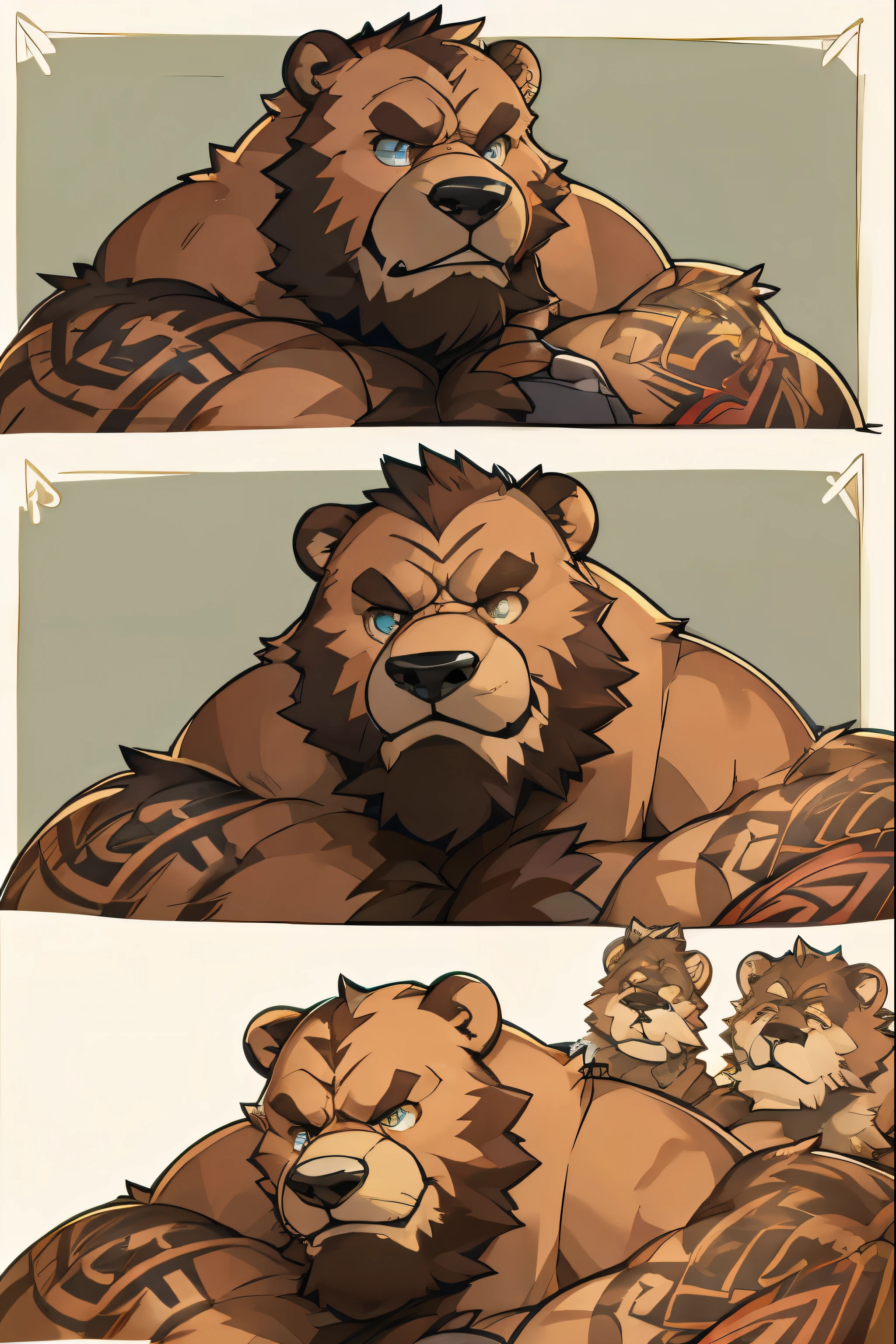 (concept art, character sheet) a grizzled heavily muscular older fat tattooed bear wearing speedo, multiple head angles