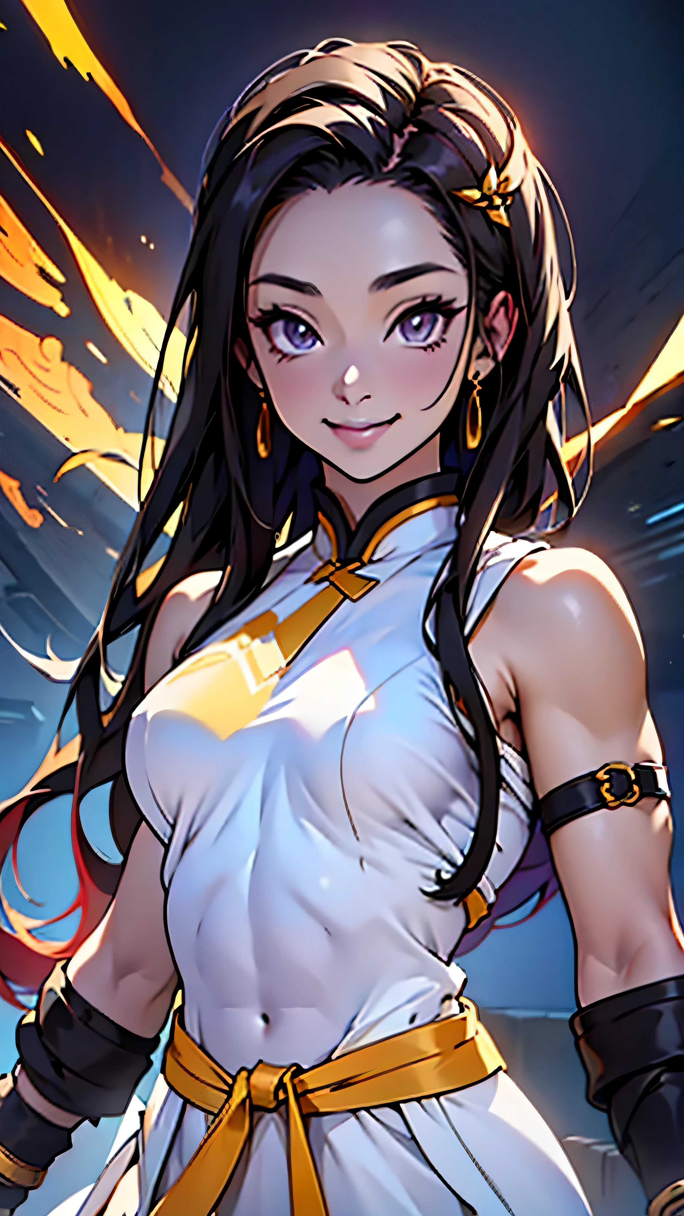 Beautiful woman , very long hair , dark brown hair , black eyes , athletic body , abs , yellow under hair , age 26, sexy, smile,

Wearing a white dress, purple and gold trim , black straps, sleeveless , long white arm bands , modern Qipao, Sexy , light purple accessories ,, Full HD, Full nude, 