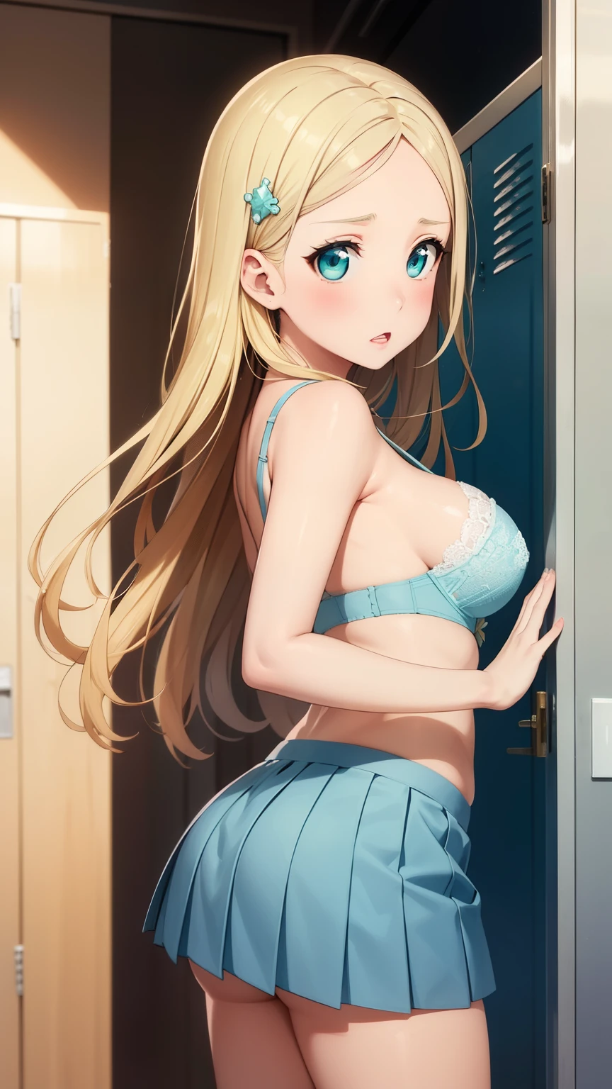 masterpiece, best quality, highly detailed, ultra high res, ayase arisa, 1girl, solo, hair ornament, long blonde hair, glossy lips, medium breasts, aqua eyes, school, locker room, looking back at viewer, shocked, surprised, lace bra, pleated miniskirt, through door