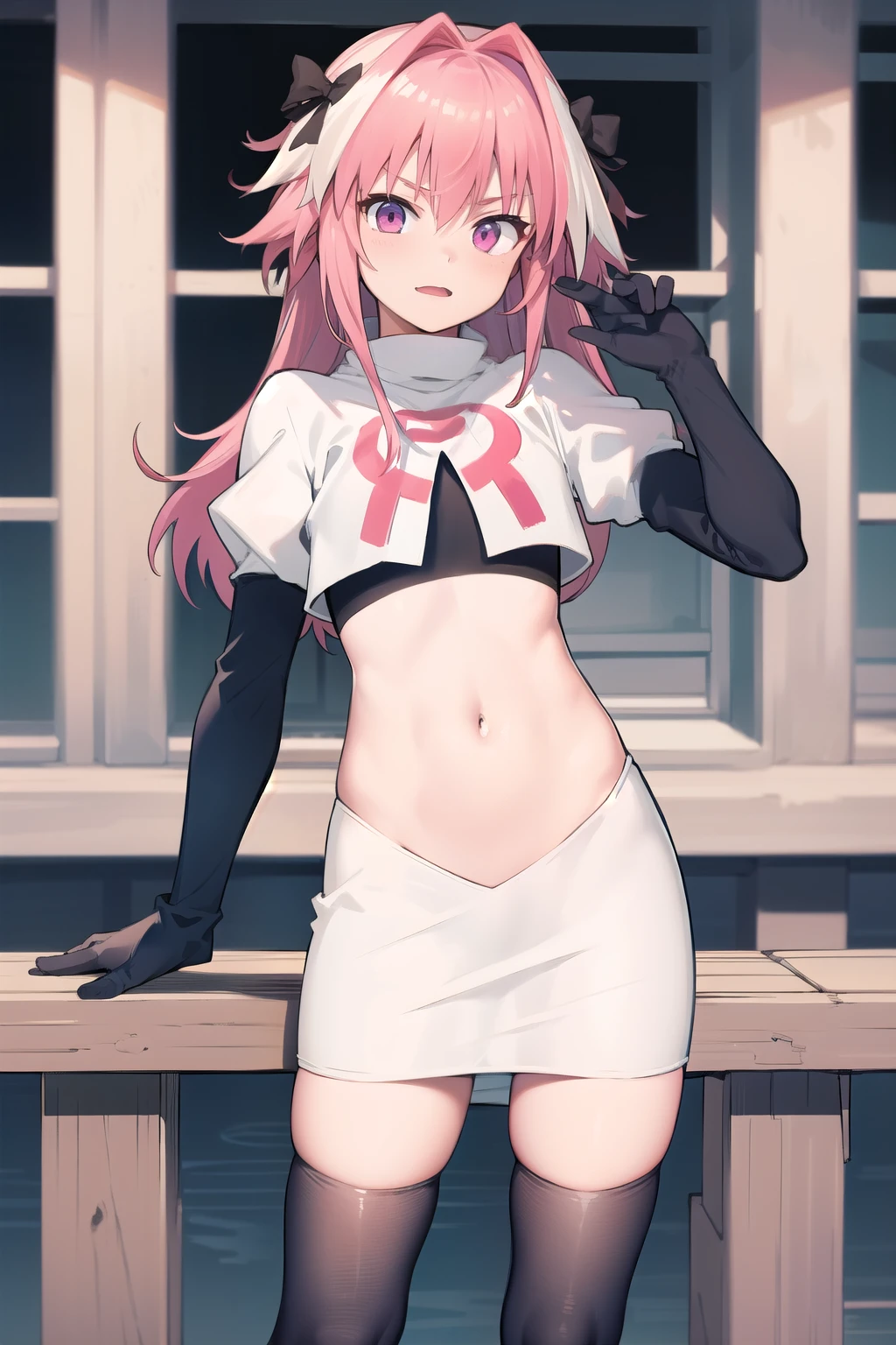 (masterpiece:1.2), (best quality:1.2), (sharp detail:1.2) highres, absurdres, best quality,  intricate, ultra-detailed, 8k wallpaper, perfect face, beautiful detailed eyes, calliope mori, head ornament,solo, 1girl, (smug:1.2), pink eyes, smile, team rocket,team rocket uniform, red letter R, white skirt,white crop top,black thigh-highs,black elbow gloves