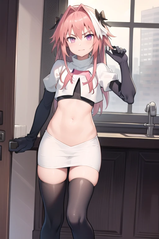 absurdres, masterpiece, best quality, astolfo fate,1boy, male focus, trap, pink multicolored hair, pink hair, white hair, hair intakes, long hair, pink detailed eyes, crossdressing,1boy, team rocket,team rocket uniform,white skirt,red letter R,crop top,black thigh-highs,black elbow gloves, cowboy shot