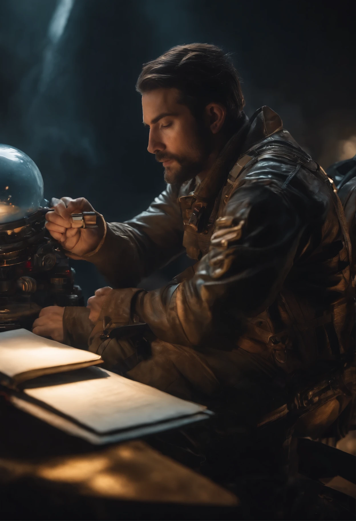 Draw a young programmer, sitting on a research platform floating in the middle of an asteroid belt. He is studying with a notebook, surrounded by several asteroids glowing with fiery auras. Dramatic lighting from distant stars and planets illuminates the scene, casting deep shadows on the suit. The young man looks confident and determined, looking at the vast and mysterious universe with wonder and respect,facial hair, cowboy shot,