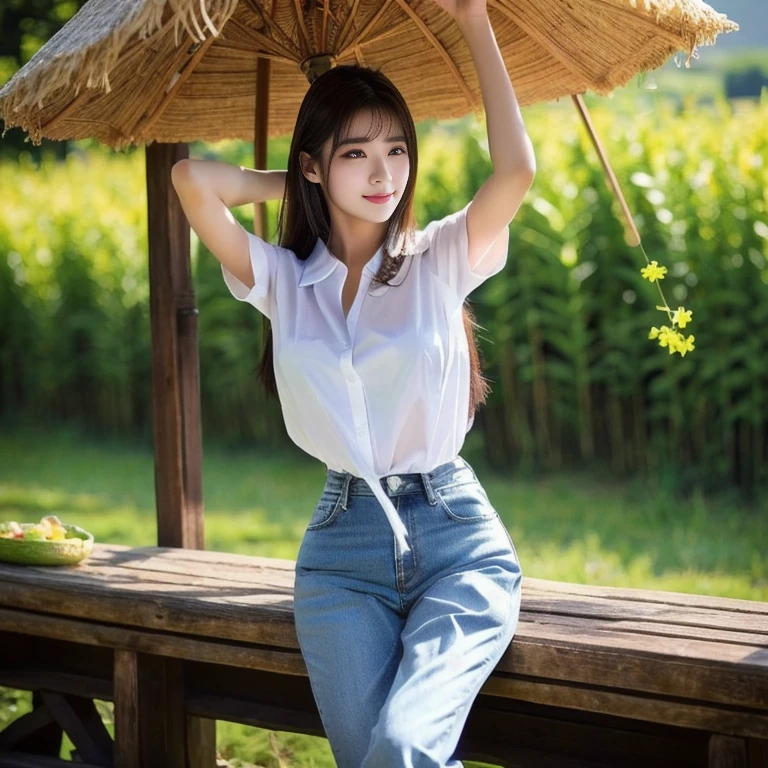 Araffe woman wearing a white shirt and jeans holds a straw umbrella., Gorgeous Chinese model, Japanese Farmer, Japanese model, หญิงKorean girlที่งดงาม, Comfortable pose, young asian girl, In the countryside, beautiful south korean women, Chinese girl, Attractive posture, Korean girl, cute gravure idol girl, หญิงKorean girlที่สวยงาม, Ravier, the dazzling young idol, beautiful asian girl