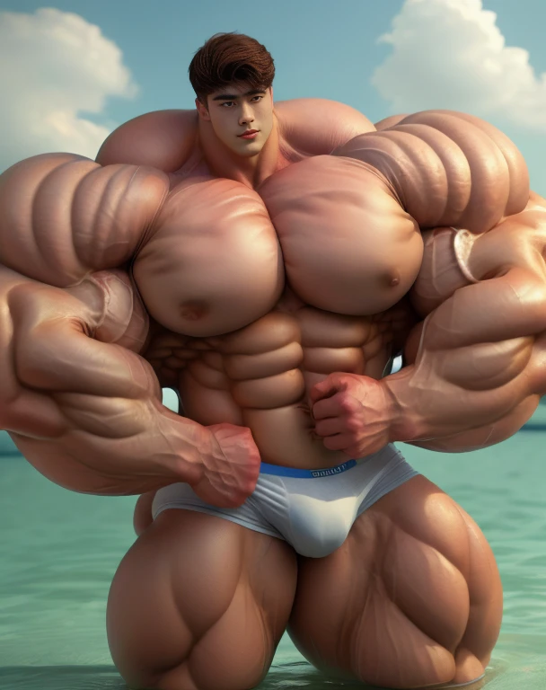 1 asian men, handsome, giant, buzz haircut, model shoot style, looking at camera, standing, hanging arms, outdoor, large oceans, strong body, bulk, naked, wear white swimwear underpants, bulge, big, brutalmass, giant, muscular body, bulk, massive body, large meaty body size, brown skin, big arms, ballooning meaty pecs. UHD, Realistic, intricate detail