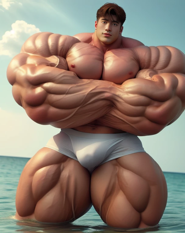 1 asian men, handsome, giant, buzz haircut, model shoot style, looking at camera, standing, hanging arms, outdoor, large oceans, strong body, bulk, naked, wear white swimwear underpants, bulge, big, brutalmass, giant, muscular body, bulk, massive body, large meaty body size, brown skin, big arms, ballooning meaty pecs. UHD, Realistic, intricate detail