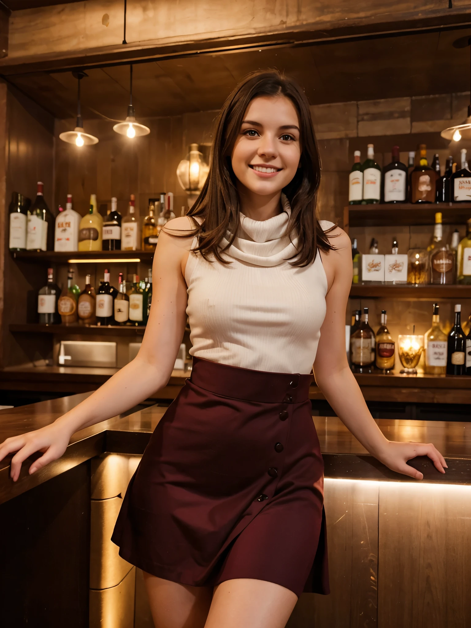 generated a full body of a 21 years old young white woman with dark brown hair, she is 5 foot 4, wear a maroon strap cowl neck dress, enjoy a birthday party in a bar with friend, pleasant smile, birthday cake