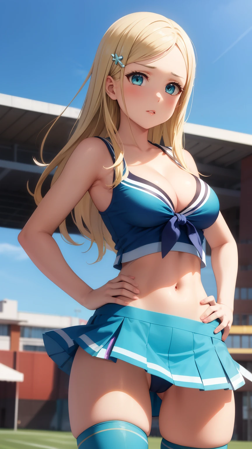 masterpiece, best quality, highly detailed, ultra high res, ayase arisa, 1girl, solo, hair ornament, long blonde hair, glossy lips, medium breasts, aqua eyes, school field, cheerleader, one eyebrow raised, hands on hips, cleavage, midriff, thigh highs