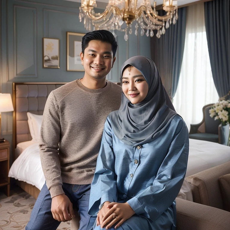 they are posing for a picture in a hotel room, lovely couple, couple, malaysian, happy couple, couple pose, in majestic, full protrait, couple portrait, inspired by Nazmi Ziya Güran, by Basuki Abdullah, in romantic style, couples portrait, portrait, romance, inspiration, inspired by Ni Yuanlu, mid shot portrait