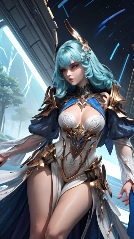 a beautiful girl, half human half robot, intricate details, 8k, photorealistic, masterpiece, high quality, extremely detailed, incredibly realistic, ultra-detailed, detailed eyes, detailed face, detailed lips, long eyelashes, delicate facial features, elegant expression, serene, graceful pose, cold color tones, cinematic, concept art style, chiaroscuro lighting, atmospheric, breathtaking, stunning, the background is a high-tech lighting scene of the future city mixed with a psychedelic over grown trees and flowers