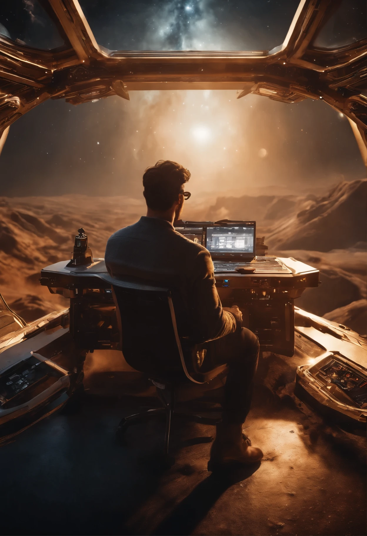 Draw a young programmer, sitting on a research platform floating in the middle of an asteroid belt. He is studying with a notebook, surrounded by several asteroids glowing with fiery auras. Dramatic lighting from distant stars and planets illuminates the scene, casting deep shadows on the suit. The young man looks confident and determined, looking at the vast and mysterious universe with wonder and respect,facial hair, cowboy shot,