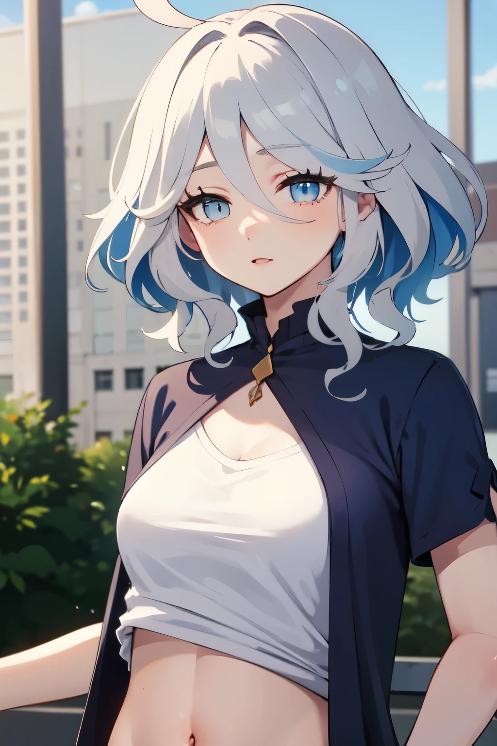 ((best quality)), ((masterpiece)), (detailed), perfect face. Asian girl. White hair. Blue eyes. T-shirt. Belly. City. Small breast.