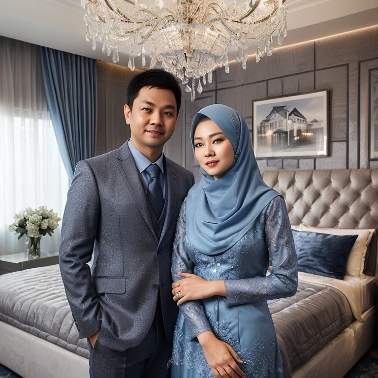 there is a man and woman standing in a bedroom together, lovely couple, grey and blue theme, full protrait, in majestic, blue and grey theme, by Basuki Abdullah, an elegant couple, in romantic style, couple, taken with canon 5d mk4, home photography portrait, shot with canon eoa 6 d mark ii, romance, in modern era