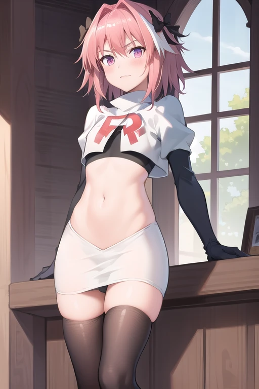 absurdres, masterpiece, best quality, astolfo fate,1boy, male focus, trap, pink multicolored hair, pink hair, white hair, hair intakes, long hair, pink detailed eyes, crossdressing,1boy, team rocket,team rocket uniform,white skirt,red letter R,crop top,black thigh-highs,black elbow gloves, cowboy shot