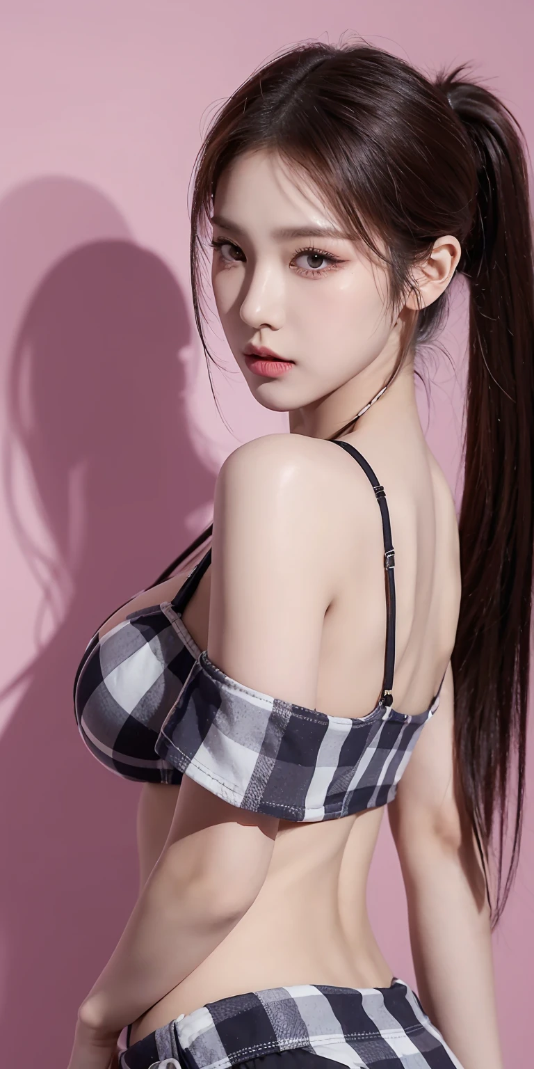 1girl, solo, close-up, face focus, standing, eyeshadow, eyeliner, tired, very absolut long two ponytail hair (masterpiece, best quality, 4k:1.1), professional portrait photograph, detailed face, detailed eyes, film grain, checkered background, simple background, dim lighting, drop shadow, big breasts , full body viw , bikini