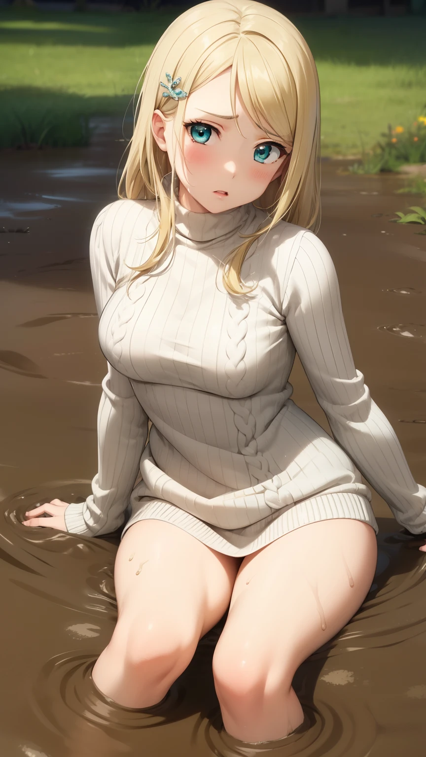 masterpiece, best quality, highly detailed, ultra high res, ayase arisa, 1girl, solo, hair ornament, long blonde hair, glossy lips, medium breasts, aqua eyes, knit sweater, upset, arm towards viewer, (sinking in mud)