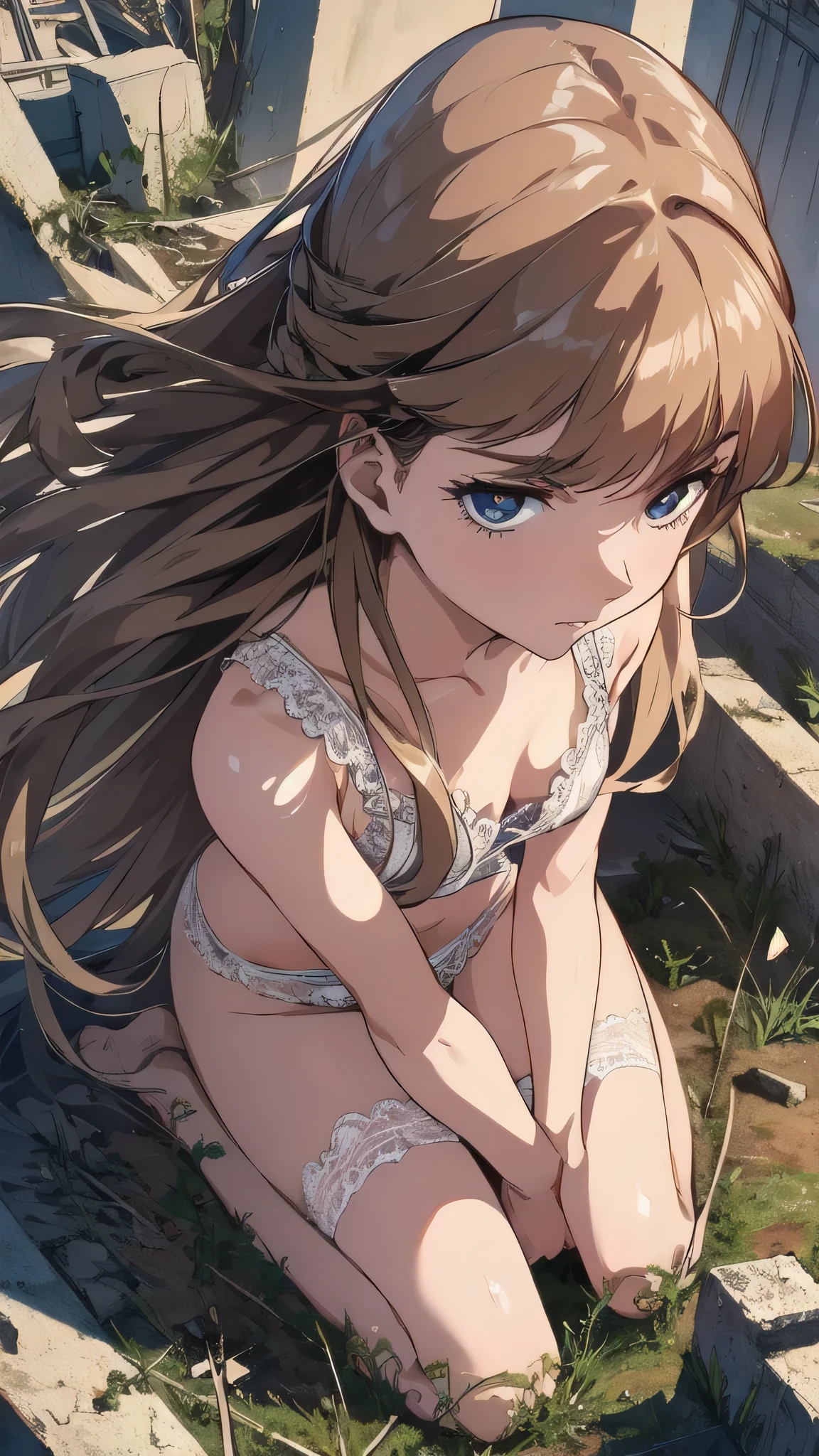 From above,looking up,kneeling,Relena Peacecraft,brown Long hair, girl on top,hair all on eyes,glaring ,realistic white lace panties,realistic white lace bra,,black eyes,big eyes,beautiful face,,zitome ,disgust,in the ruins,battle field background,masterpiece ,8k unity wallpaper,anime key visual,highest quality, High resolution, unity 8k wallpaper, (shape:0.8), highly detailed face,highly detailed eye,glowing eyes , shiny skin,fine skin,white skin,dense skin,detailed hair,highly detailed legs,perfect lighting, Detailed CG, (perfect hands, perfect anatomy),High resolution,anime key visual,Kyoto Animation,(Detailed wear ),slender limbs, delicate curves, dainty hands, tiny feet,