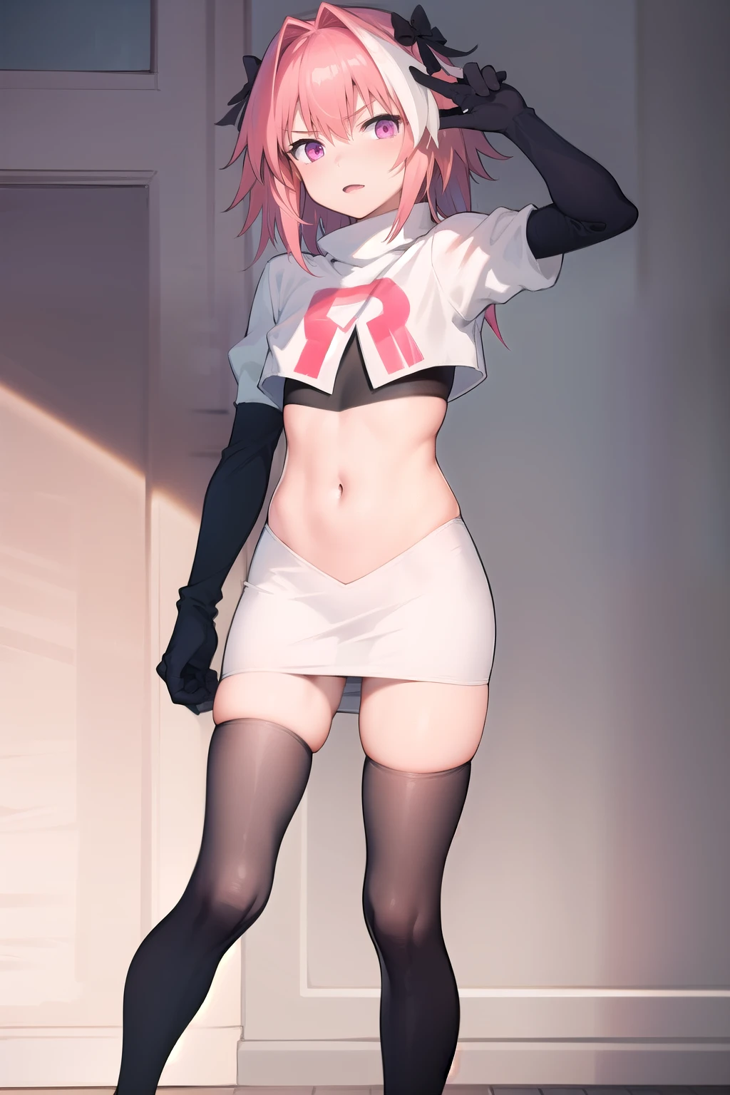 absurdres, masterpiece, best quality, astolfo fate,1boy, male focus, trap, pink multicolored hair, pink hair, white hair, hair intakes, long hair, pink detailed eyes, crossdressing,1boy, team rocket,team rocket uniform,white skirt,red letter R,crop top,black thigh-highs,black elbow gloves, cowboy shot