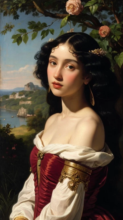 Bridgerton series, black woman African, Renaissance painting European,Woman standing, Long curly hair. Black woman African in Renaissance period dress painting of a woman in a black dress standing in front of a bush of flowers, in the art style of bowater, dark skin female goddess of love, charlie bowater rich deep colors, gorgeous woman, artstyle tom bagshaw, fantasy genre portrait, tom bagshaw donato giancola, tom bagshaw artstyle, earley, beautiful character painting