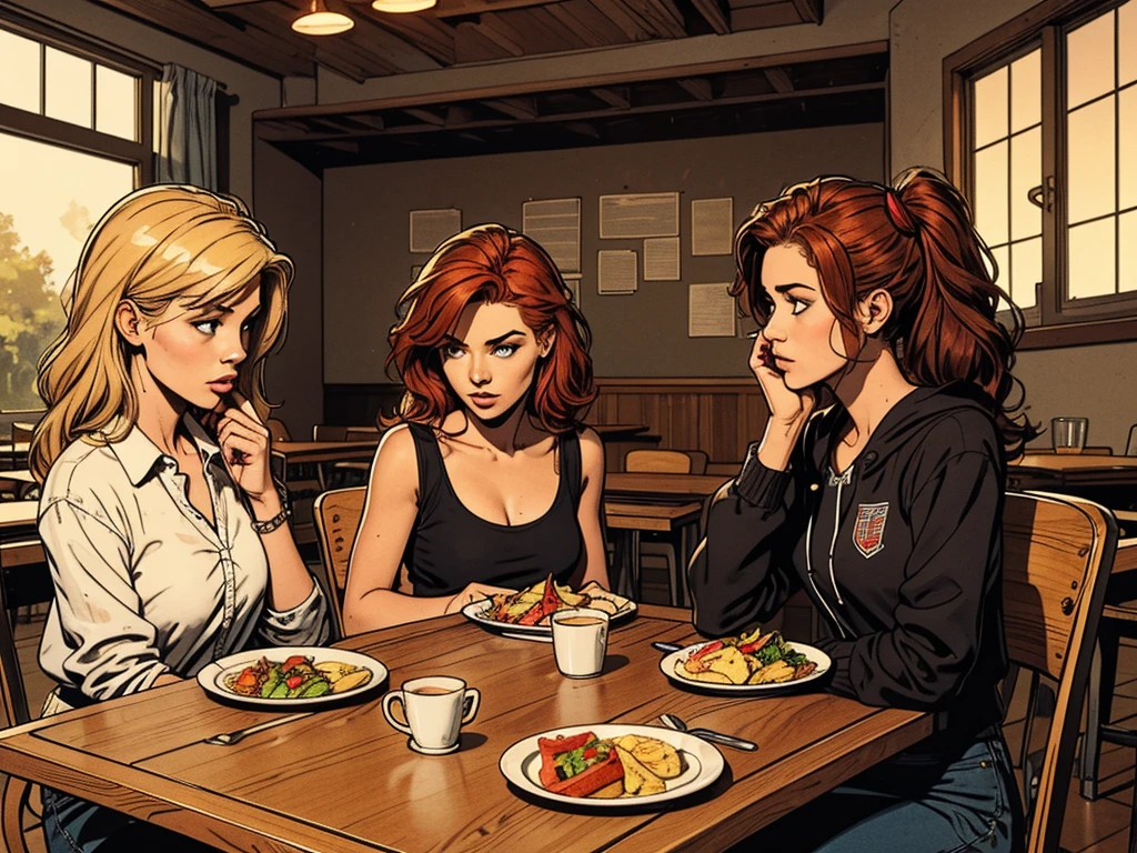 typical bright college dining hall:1.2,metal square tray:1.2, morning, bad reputation girls:, chatting, gossip, modern teenager outfit:1.2, blond, black-haired, red-haired, simple table,