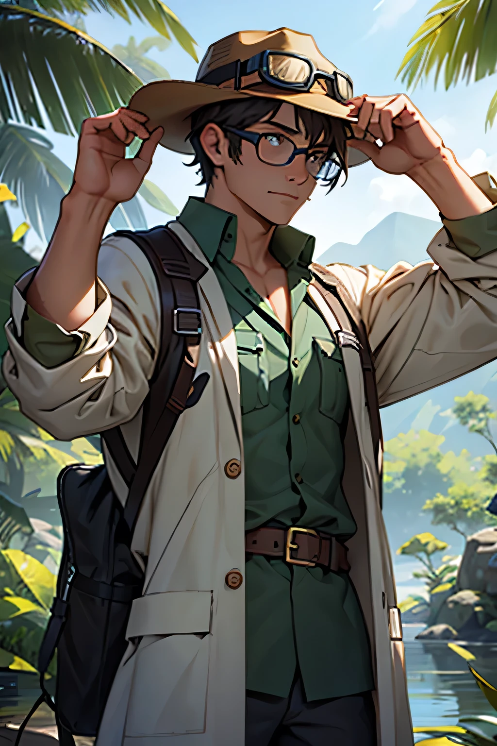 **Traits**:
1. **Visual**: Wear a costume that combines elements of an adventurer and a scientist. It could be an explorer shirt, a safari hat, goggles, and a lab coat.