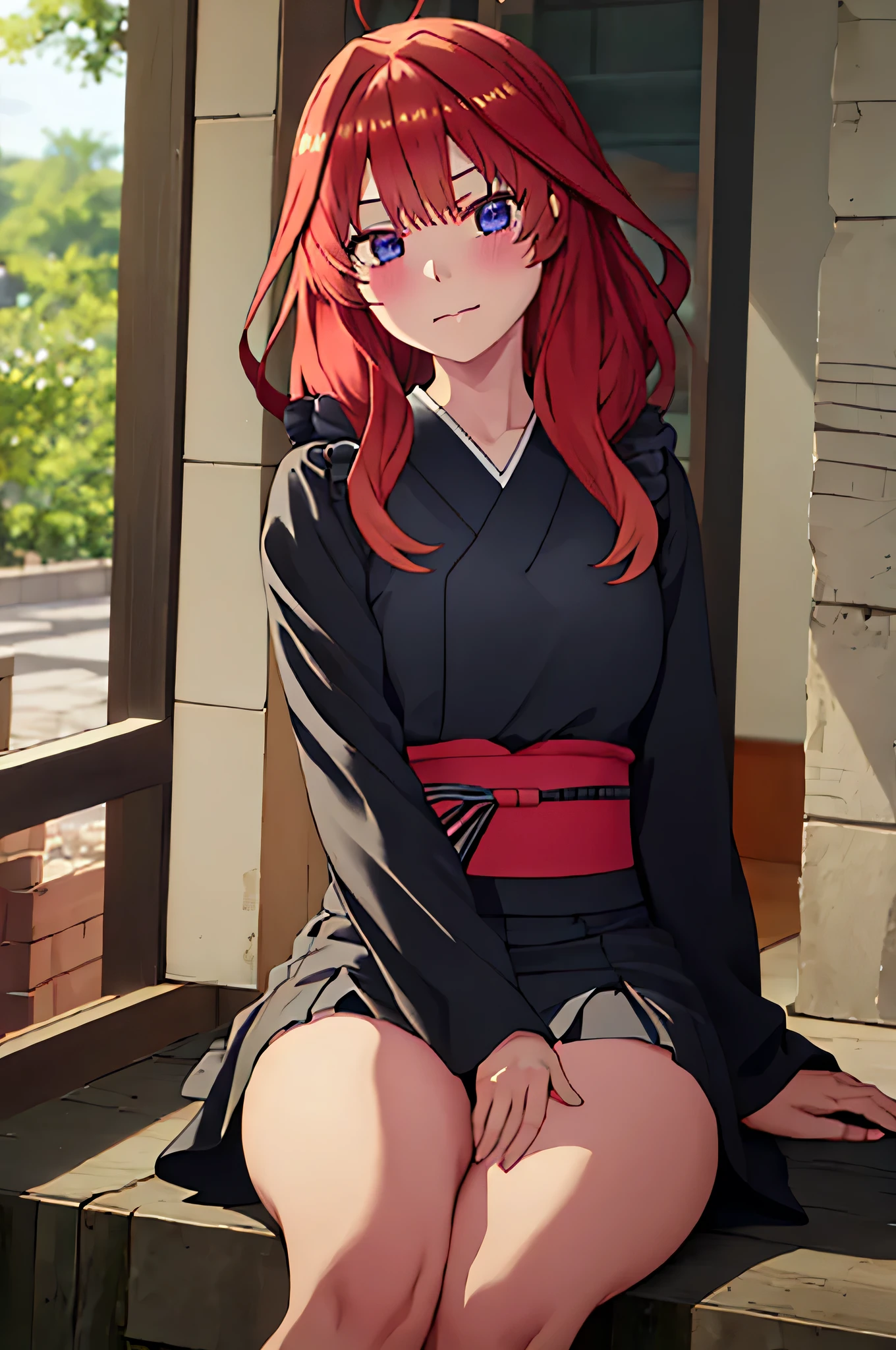 (Masterpiece, Best Quality:1.2), solo, 1girl, Itsuki ,unamused, closed mouth, looking a viewer, hand on our face, sitting, Short black kimono ,big thighs,crossed legs