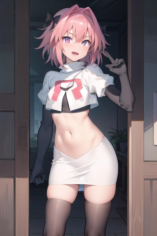 absurdres, masterpiece, best quality, astolfo fate,1boy, male focus, trap, pink multicolored hair, pink hair, white hair, hair intakes, long hair, pink detailed eyes, crossdressing,1boy, team rocket,team rocket uniform,white skirt,red letter R,crop top,black thigh-highs,black elbow gloves, cowboy shot