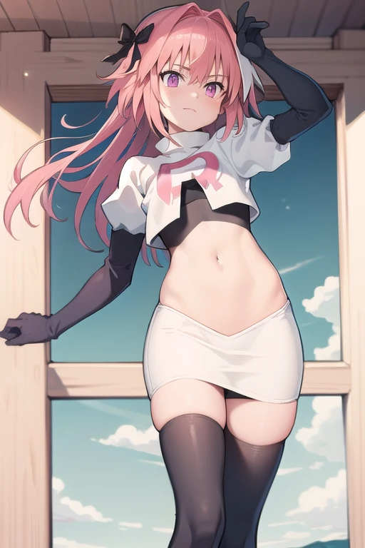 absurdres, masterpiece, best quality, astolfo fate,1boy, male focus, trap, pink multicolored hair, pink hair, white hair, hair intakes, long hair, pink detailed eyes, crossdressing,1boy, team rocket,team rocket uniform,white skirt,red letter R,crop top,black thigh-highs,black elbow gloves, cowboy shot