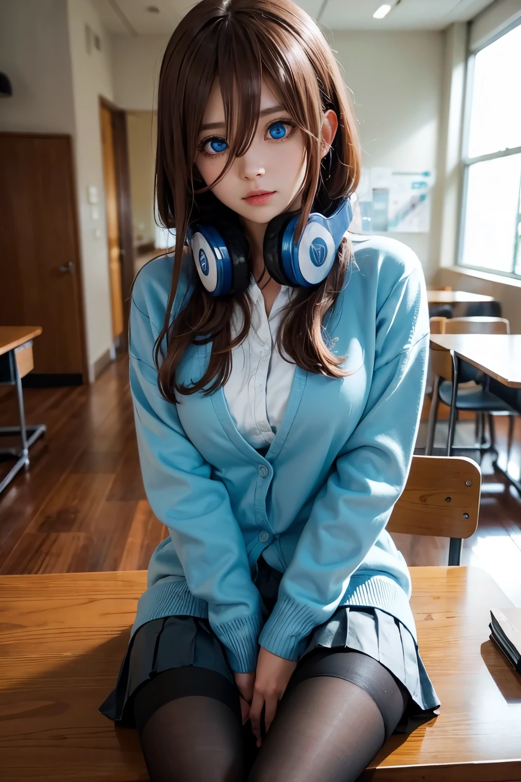 mikunakano, miku nakano, long hair, bangs, blue eyes, brown hair, shirt, hair between eyes, headphones, cardigan, headphones around neck,
BREAK skirt, shirt, long sleeves, white shirt, pantyhose, pleated skirt, black pantyhose, cardigan, green skirt, blue cardigan,
BREAK indoors, classroom,
BREAK looking at viewer, BREAK (masterpiece:1.2), best quality, high resolution, unity 8k wallpaper, (illustration:0.8), (beautiful detailed eyes:1.6), extremely detailed face, perfect lighting, extremely detailed CG, (perfect hands, perfect anatomy),
