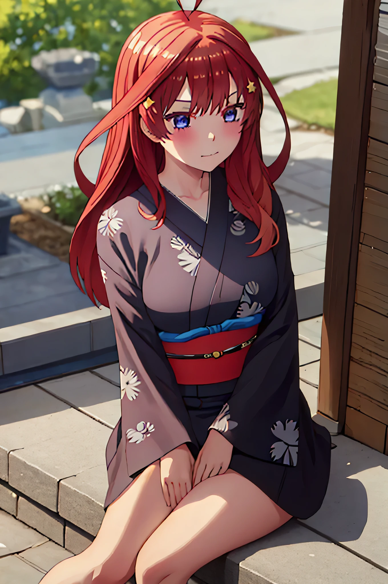 (Masterpiece, Best Quality:1.2), solo, 1girl, Itsuki ,unamused, closed mouth, looking a viewer, hand on our face, sitting, Short black kimono ,big thighs,crossed legs