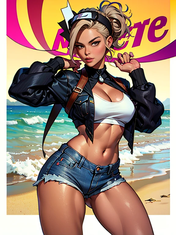 (alta qualidade, better rendering), (garota linda), olhos azuis, ((cabelo preto longo e liso)),(bomba, estilo pin-up), psicopata, Cara de maluco, Pose sexy, shorts jeans curtos, regata, pastel, centrado, scale to fit dimensions, micro tanga, Microbiquíni, camel toe
