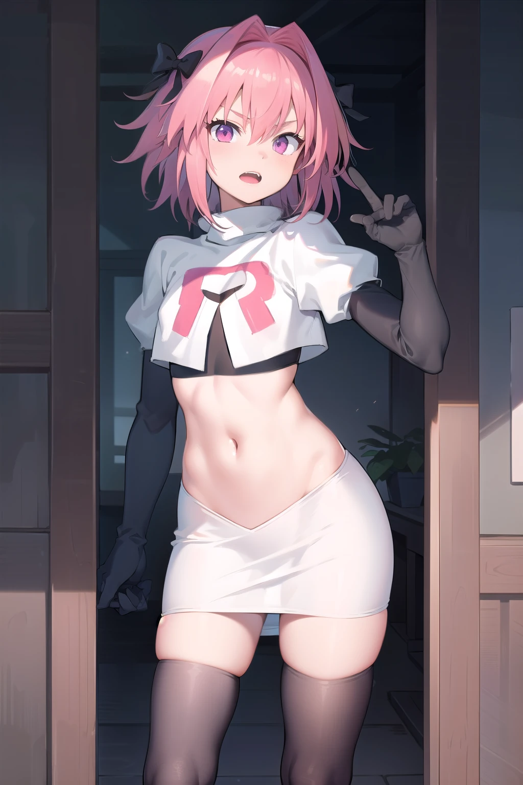 absurdres, masterpiece, best quality, astolfo fate,1boy, male focus, trap, pink multicolored hair, pink hair, white hair, hair intakes, long hair, pink detailed eyes, crossdressing,1boy, team rocket,team rocket uniform,white skirt,red letter R,crop top,black thigh-highs,black elbow gloves, cowboy shot