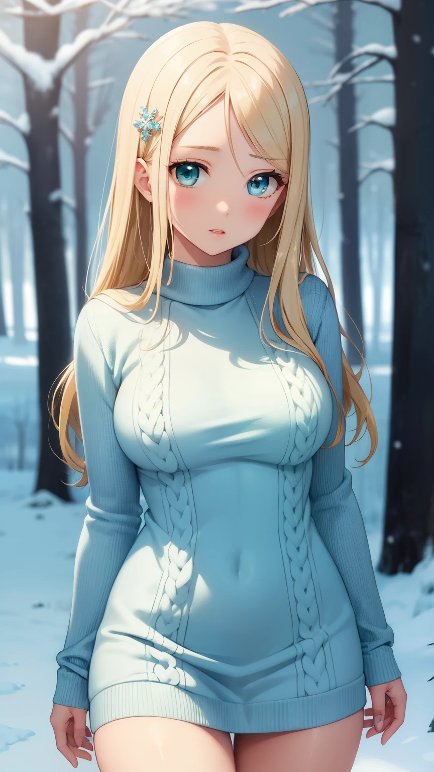 masterpiece, best quality, highly detailed, ultra high res, ayase arisa, 1girl, solo, hair ornament, long blonde hair, glossy lips, medium breasts, aqua eyes, snowy forest, knit sweater dress