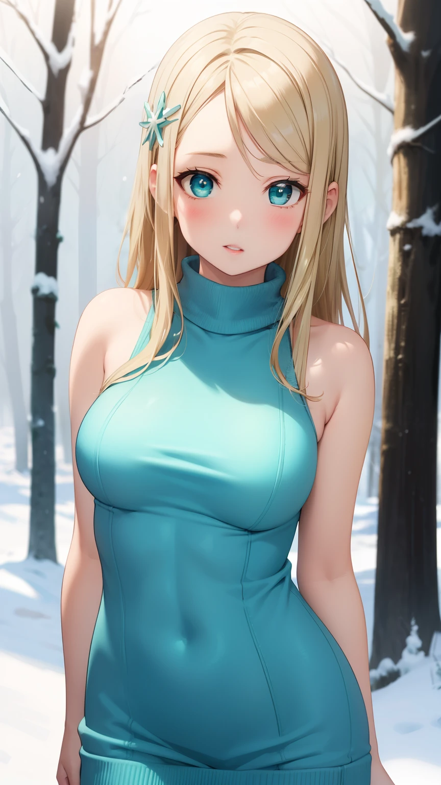 masterpiece, best quality, highly detailed, ultra high res, ayase arisa, 1girl, solo, hair ornament, long blonde hair, glossy lips, medium breasts, aqua eyes, snowy forest, knit sweater dress