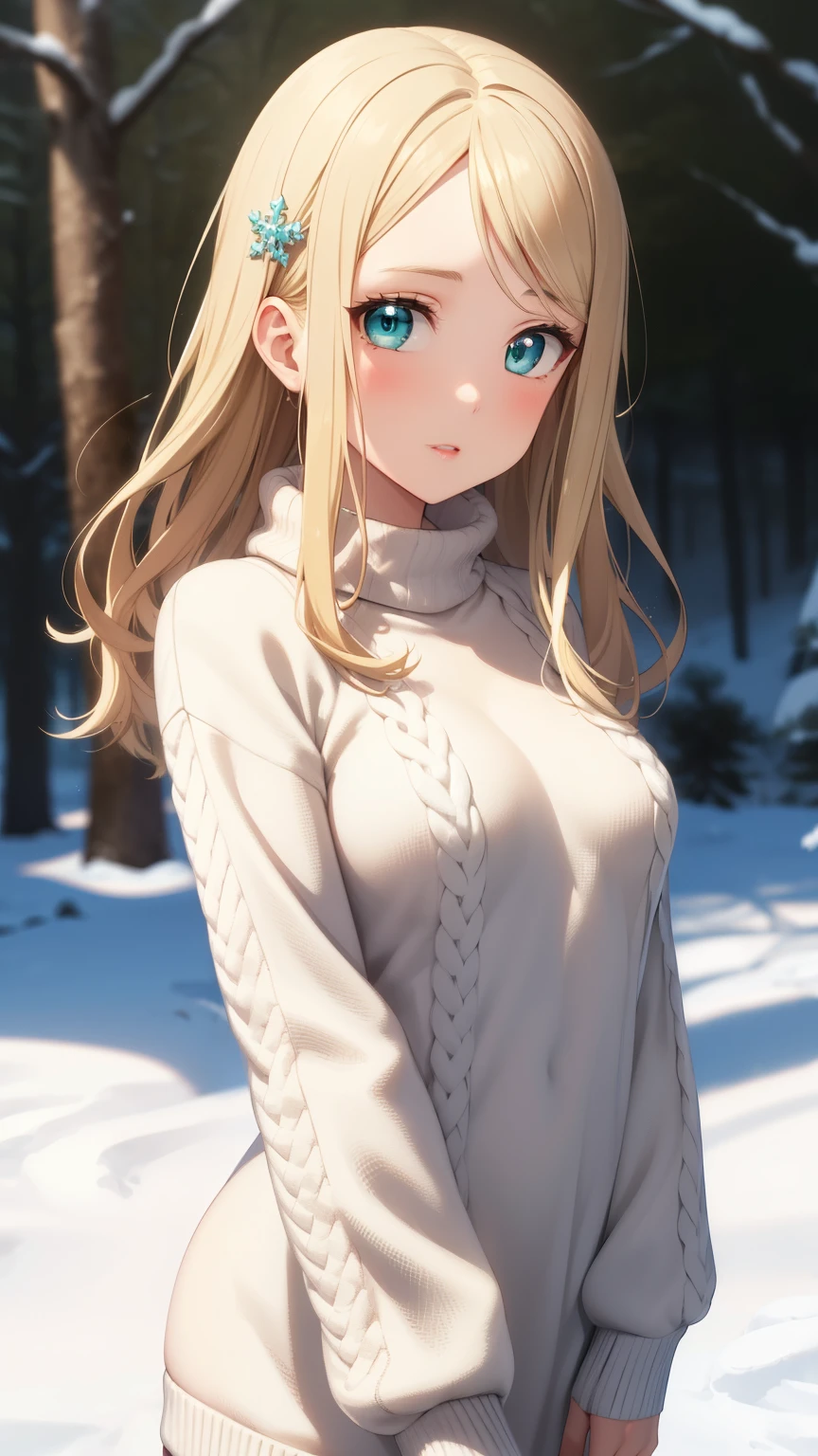 masterpiece, best quality, highly detailed, ultra high res, ayase arisa, 1girl, solo, hair ornament, long blonde hair, glossy lips, medium breasts, aqua eyes, snowy forest, knit sweater dress