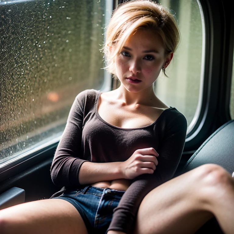 A blond young sexy woman with short hair and hot clothes sits on a seat in a spaceship and the window can show beautiful stars,futurama style