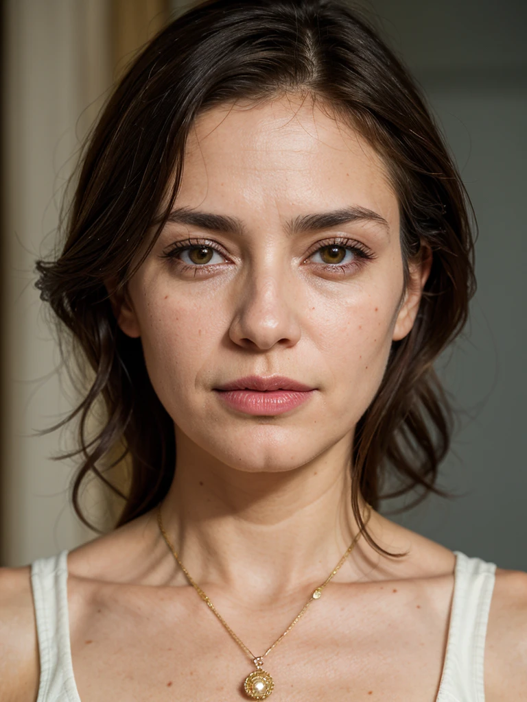 (best quality, masterpiece, highest detailed), (photorealistic:1.2), raw photo, (1 middle-aged Spanish woman, 40 years old), thin face, brown eyes, thin cheekbones, sharp nose, large plump lips, bright makeup, black eye shadow, bright red lipstick, looking at the viewer, ((deep neckline)), high face detail, high skin detail, (vibrant color), (intricate details), exposure blend, bokeh, dim light, (hdr:1.4) , high contrast, (muted colors, dim colors, soothing tones:1.3), low saturation, morbid