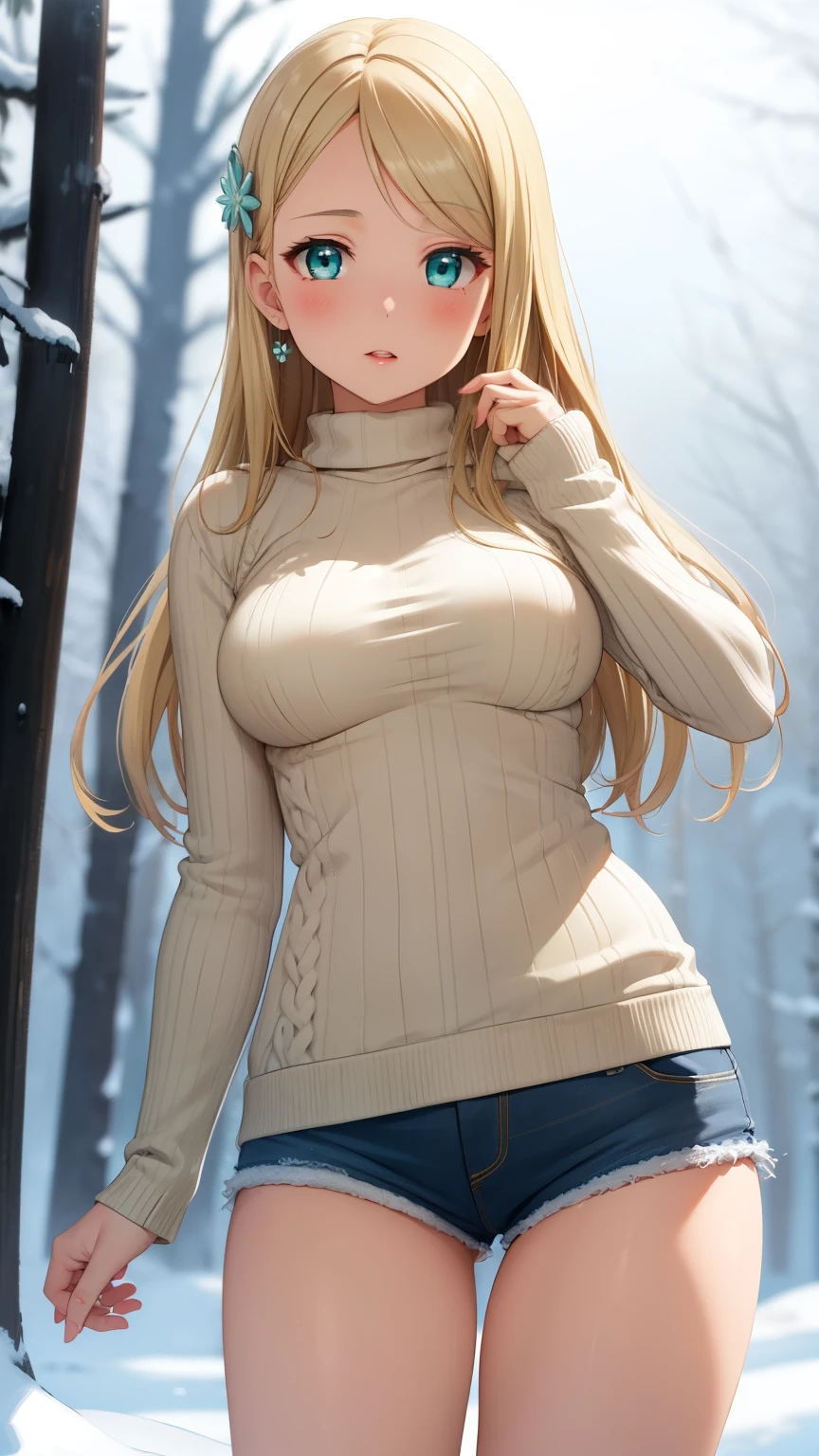 masterpiece, best quality, highly detailed, ultra high res, ayase arisa, 1girl, solo, hair ornament, long blonde hair, glossy lips, medium breasts, aqua eyes, snowy forest, knit sweater, short shorts