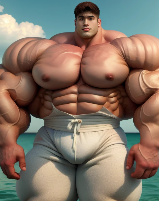 1 asian men, handsome, giant, buzz haircut, model shoot style, looking at camera, standing, posing arms, outdoor, large oceans, strong body, bulk, naked, wear white swimwear underpants, bulge, big, brutalmass, giant, muscular body, bulk, massive body, large meaty body size, brown skin, big arms, ballooning meaty pecs. UHD, Realistic, intricate detail