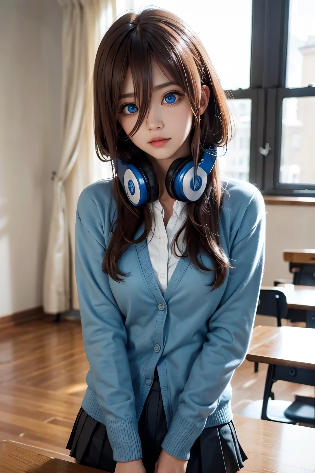 mikunakano, miku nakano, long hair, bangs, blue eyes, brown hair, shirt, hair between eyes, headphones, cardigan, headphones around neck,
BREAK skirt, shirt, long sleeves, white shirt, pantyhose, pleated skirt, black pantyhose, cardigan, green skirt, blue cardigan,
BREAK indoors, classroom,
BREAK looking at viewer, BREAK (masterpiece:1.2), best quality, high resolution, unity 8k wallpaper, (illustration:0.8), (beautiful detailed eyes:1.6), extremely detailed face, perfect lighting, extremely detailed CG, (perfect hands, perfect anatomy),