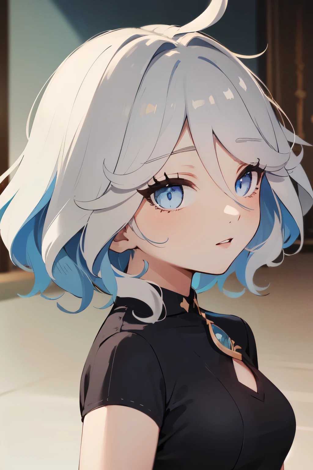 ((best quality)), ((masterpiece)), (detailed), perfect face. Asian girl. White hair. Blue eyes. V neck. City. Small breast.