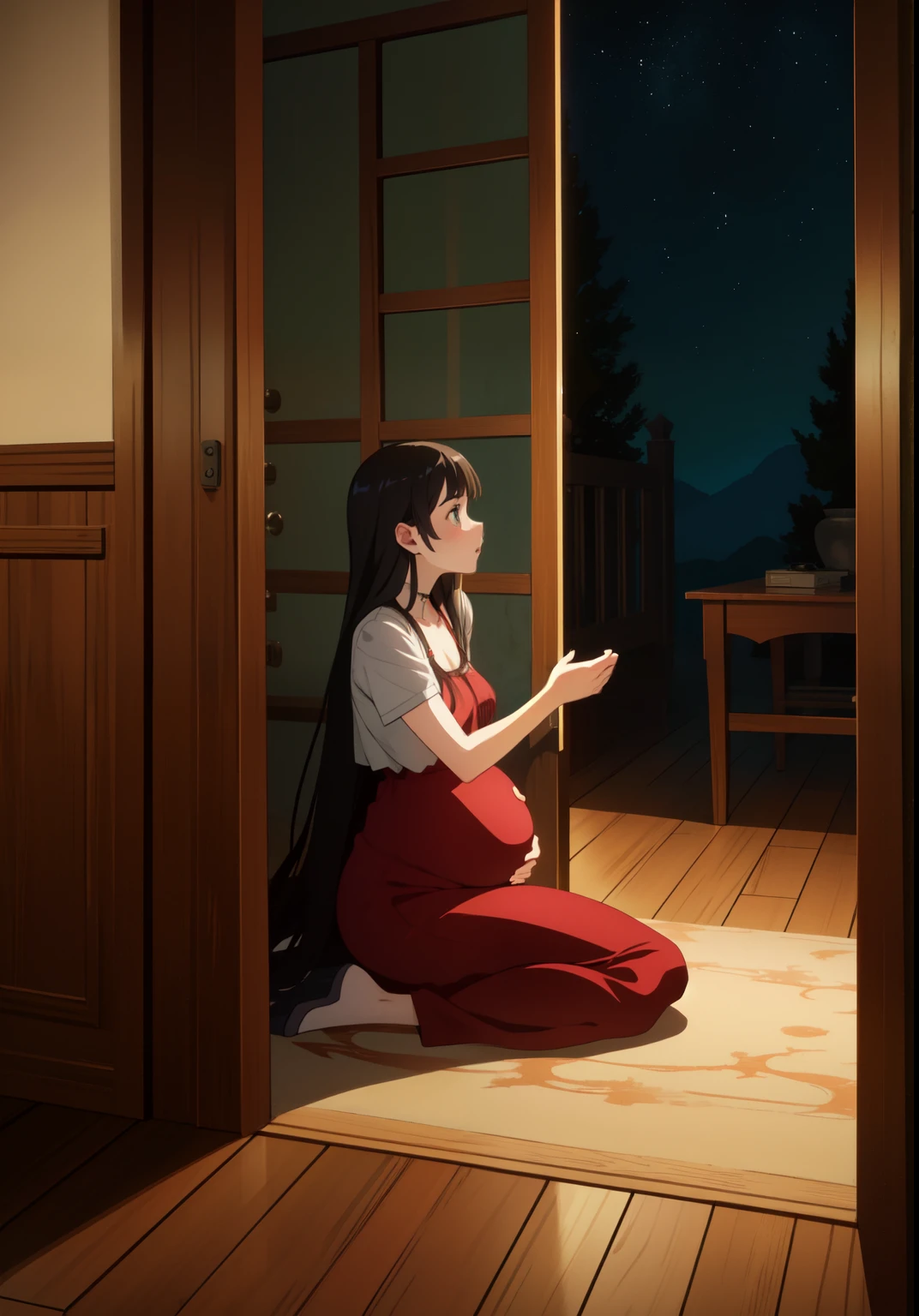 ((anime)), ((Young woman)), (pregnancy), (masterpiece:1.2), Best quality, a high resolution, unity 8k wallpaper, (illustration:1.2), (very detailed face), (Perfect hands), (perfect anatomy), Sitting on the porch, looks at the door, ((begs for mercy)), hands reach out to salvation, Runaway, (black long hair), sundress, (Young woman высокого роста), ballet shoes, ((night)), лунная night,