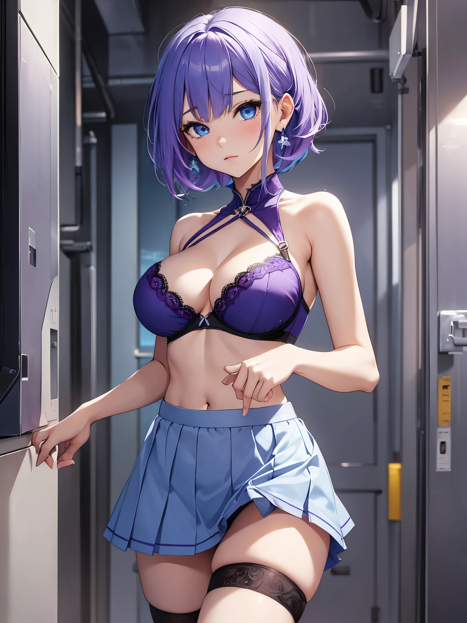 (Masterpiece), (Best Quality), (1 Girl), blue purple hairs, blue purple bra, blue eyes, skirt, mini skirt, naked breasts, big breasts, short hairs, earrings